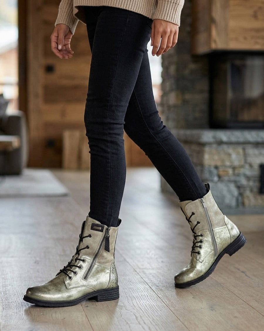 Bottines lacées à zip et empiècement python - Or
