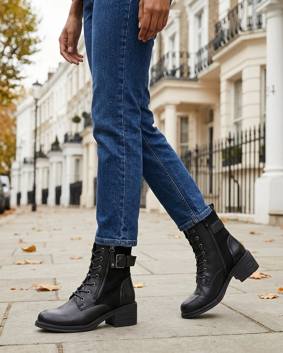 Bottines lacées à boucle et contrefort python - Noir