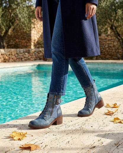 Bottines lacées à boucle et contrefort python - Bleu