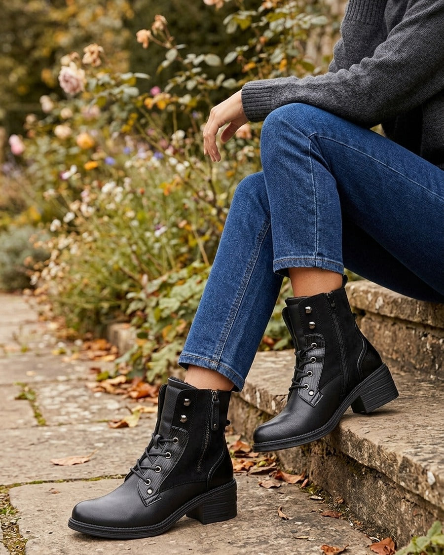 Bottines lacées à zip décoratif - Noir