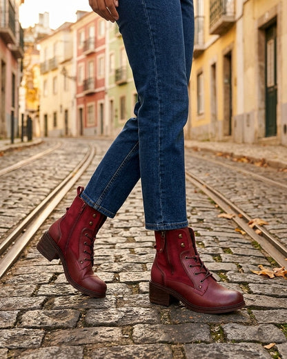 Bottines lacées à zip décoratif - Rouge