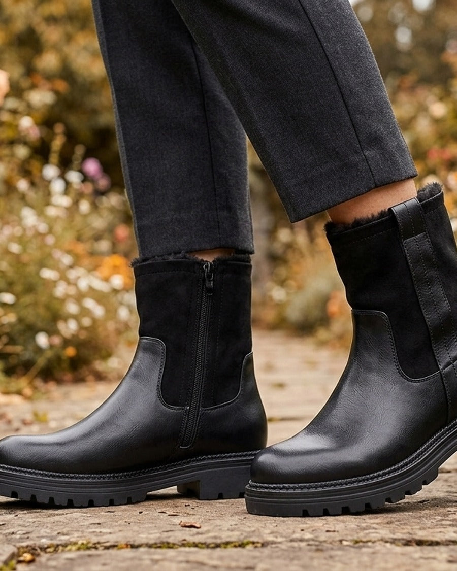 Bottines fourrées en simili et suédine - Noir