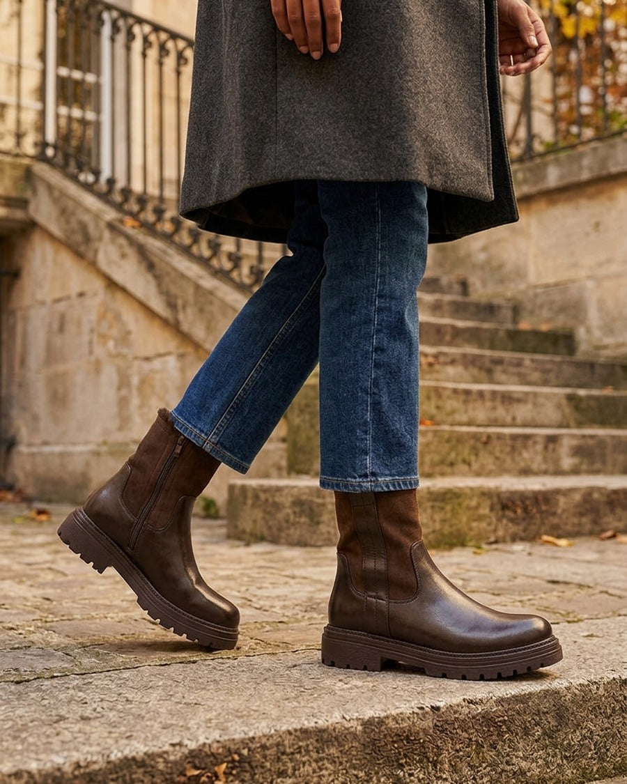 Bottines fourrées en simili et suédine - Marron