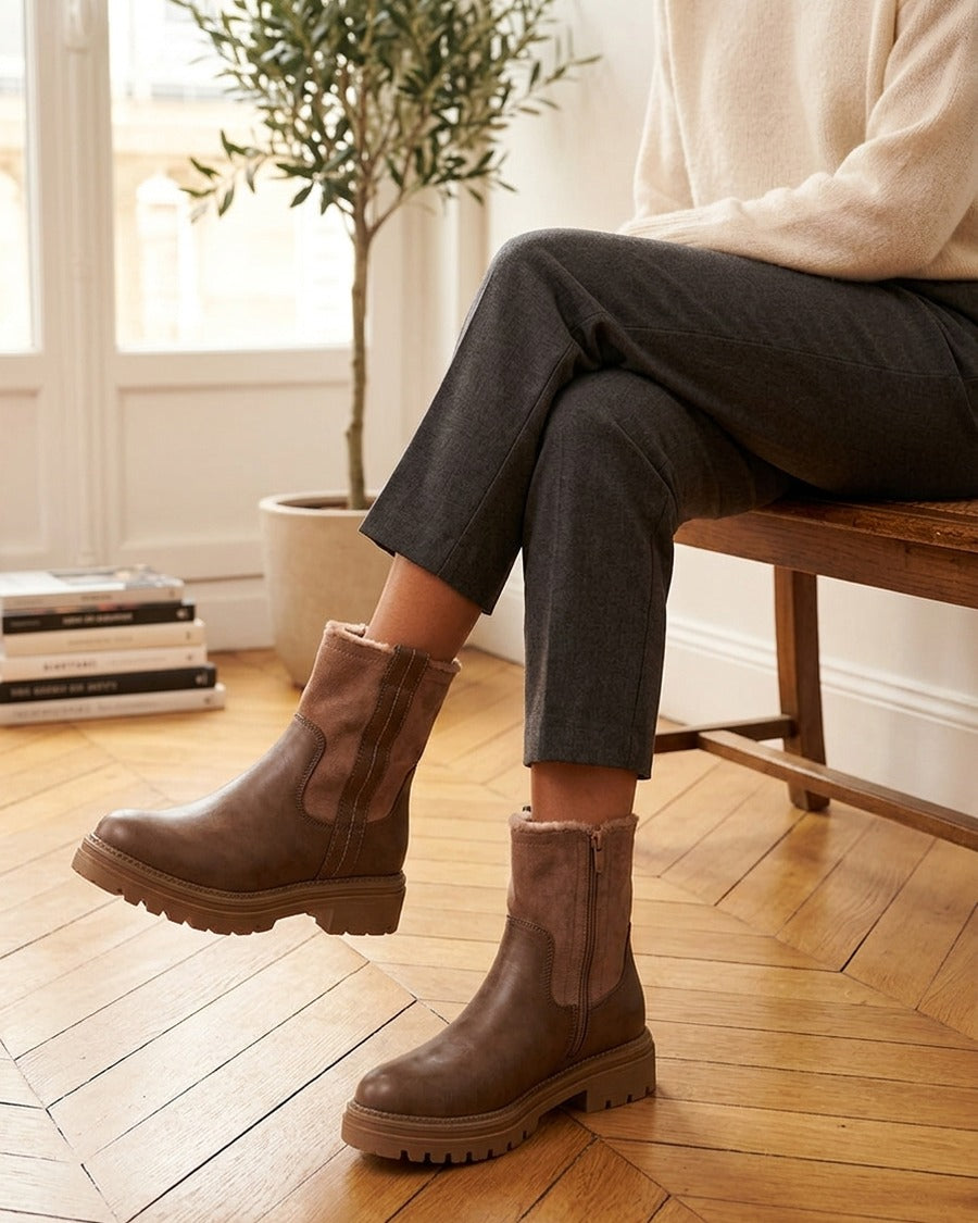 Bottines fourrées en simili et suédine - Taupe