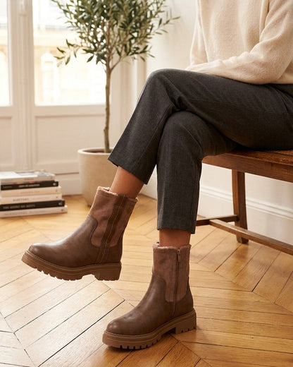 Bottines fourrées en simili et suédine - Taupe