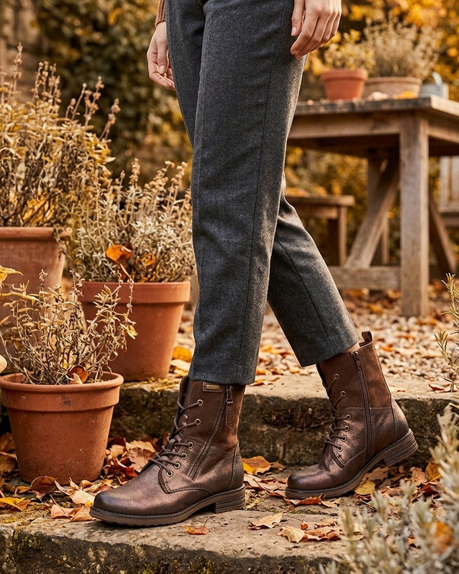 Bottines bimatière à lacets - Marron