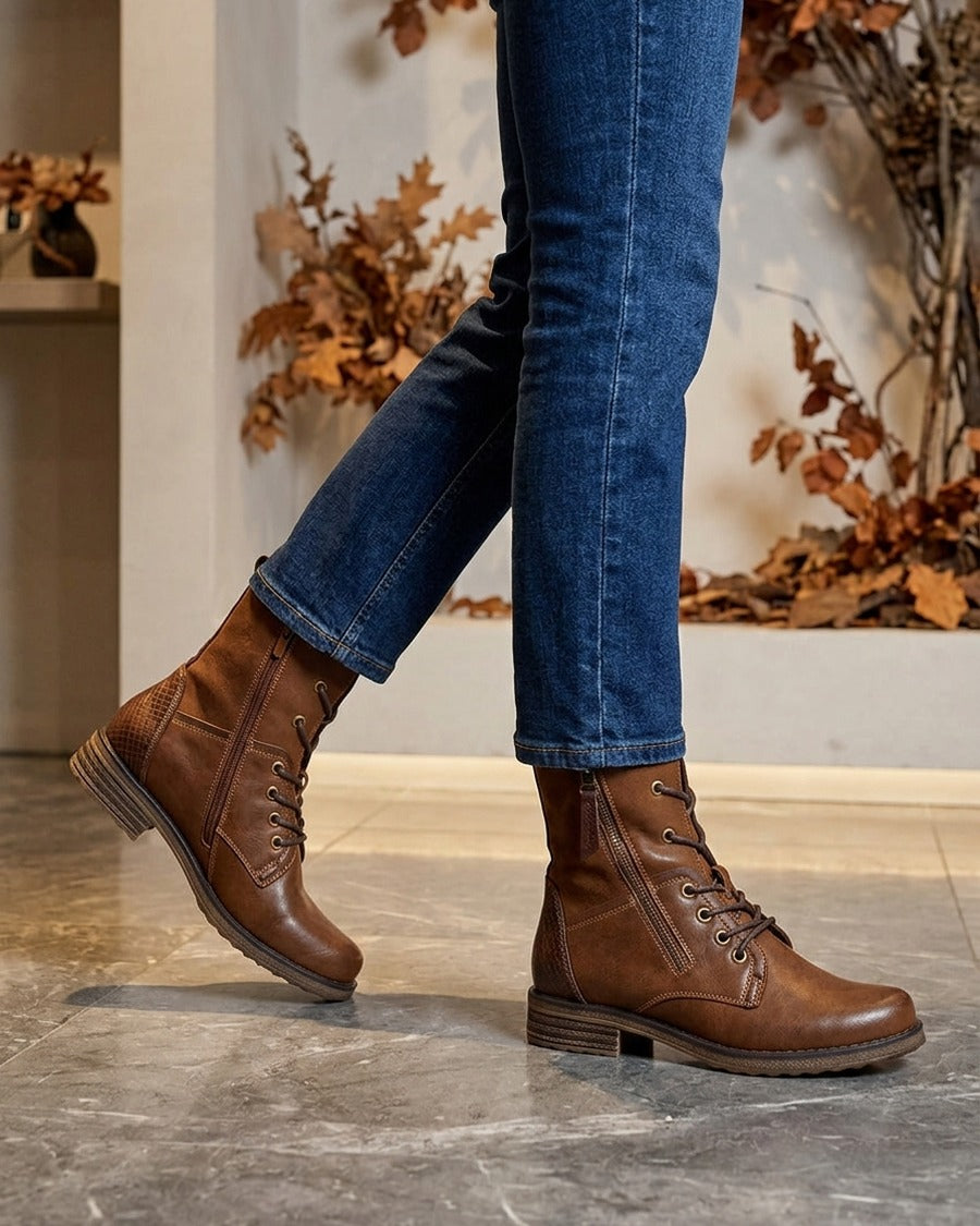 Bottines bimatière à lacets - Camel