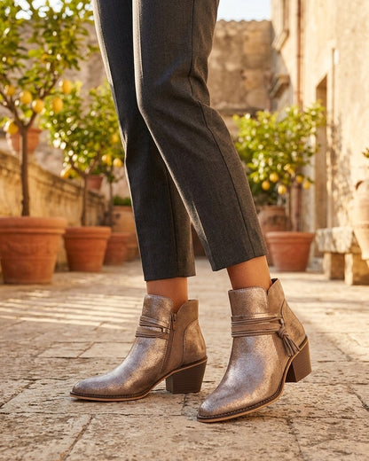Bottines irisées à liens décoratifs - Taupe clair
