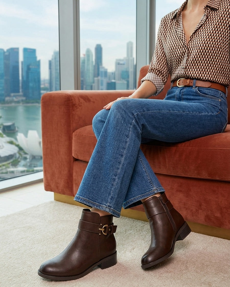 Bottines en simili à boucle métal fantaisie - Marron