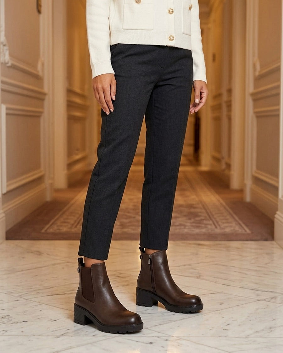 Bottines élastiquées en simili à semelle crantée - Marron