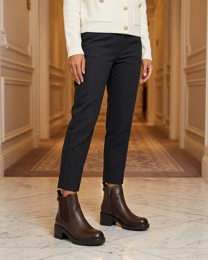 Bottines élastiquées en simili à semelle crantée - Marron
