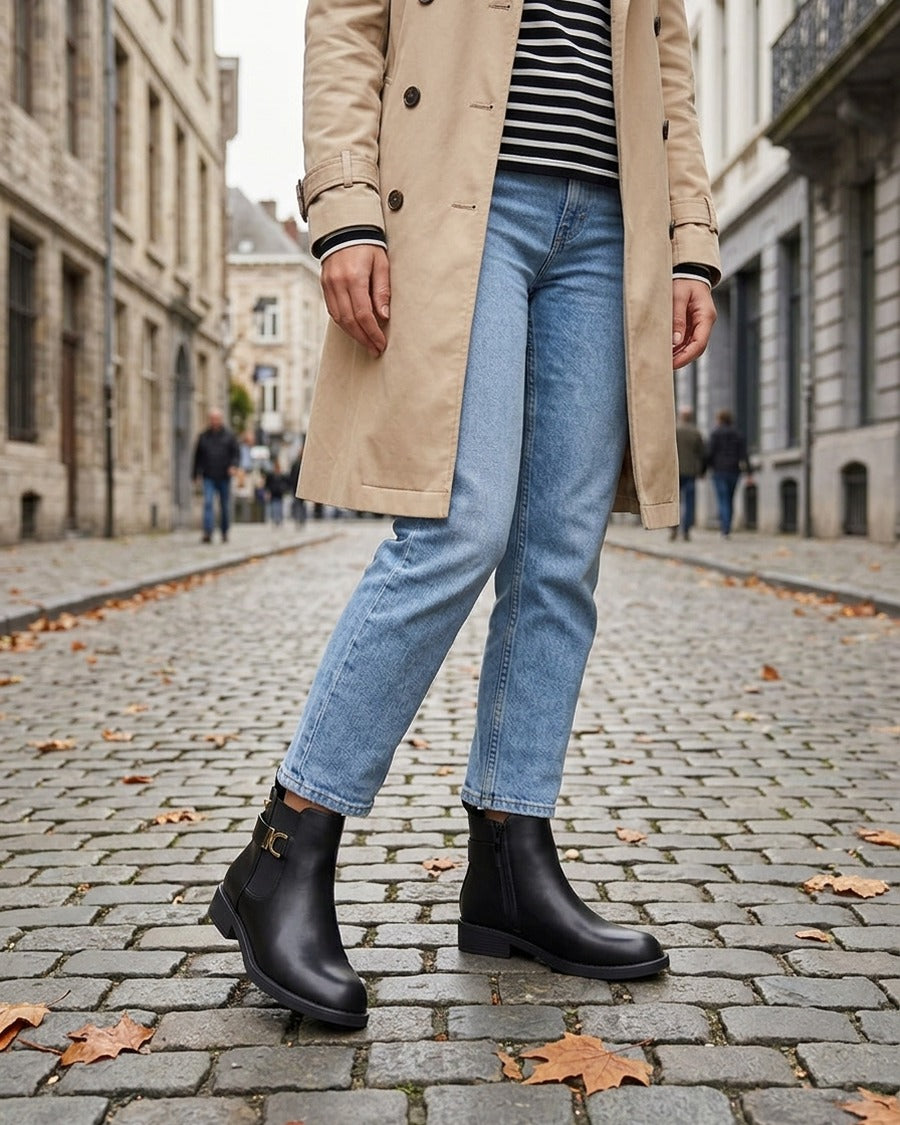 Bottines élastiquées à boucle métal et sangle - Noir