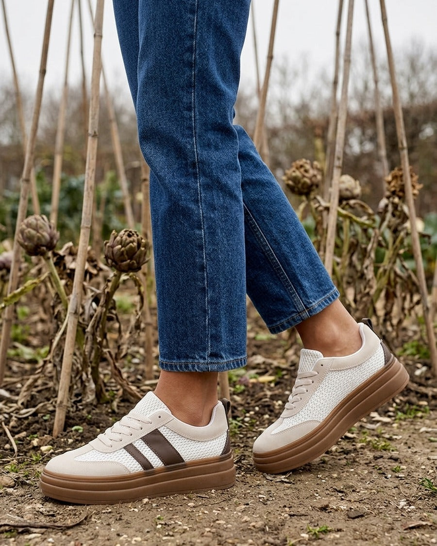 Sneakers à empiècement mesh et effet nubuck - Beige