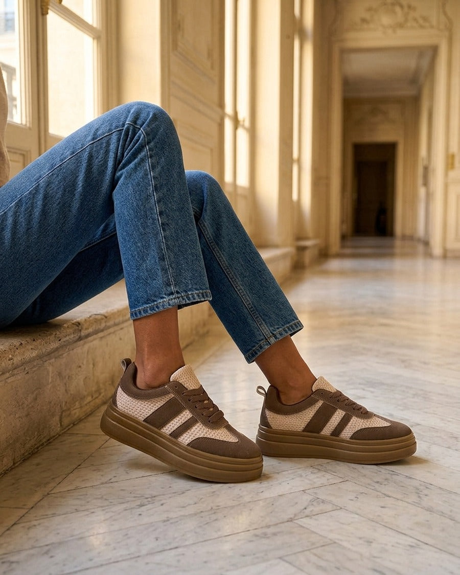 Sneakers à empiècement mesh et effet nubuck - Marron