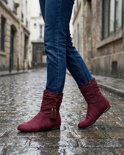 Bottines montantes en suédine à pompons - Bordeaux