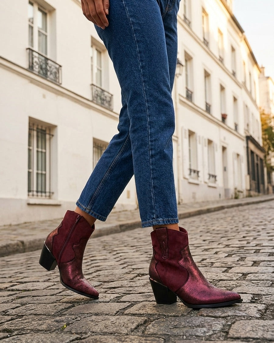 Bottines nacrées style santiag - Bordeaux