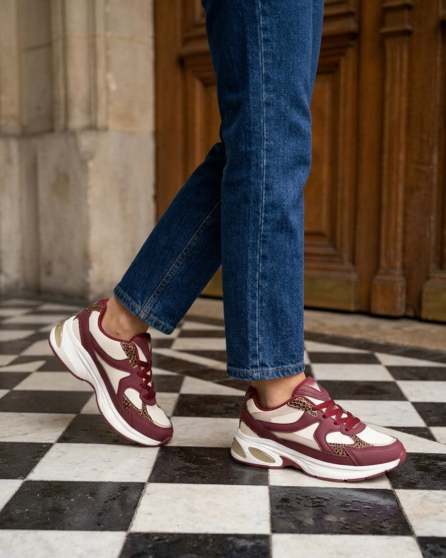 Baskets suédine empiècement guépard - Bordeaux