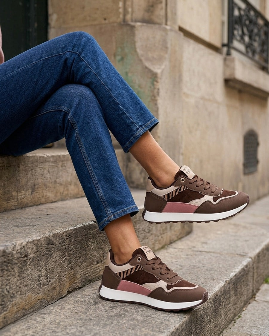 Sneakers à bandes contrastantes - Marron