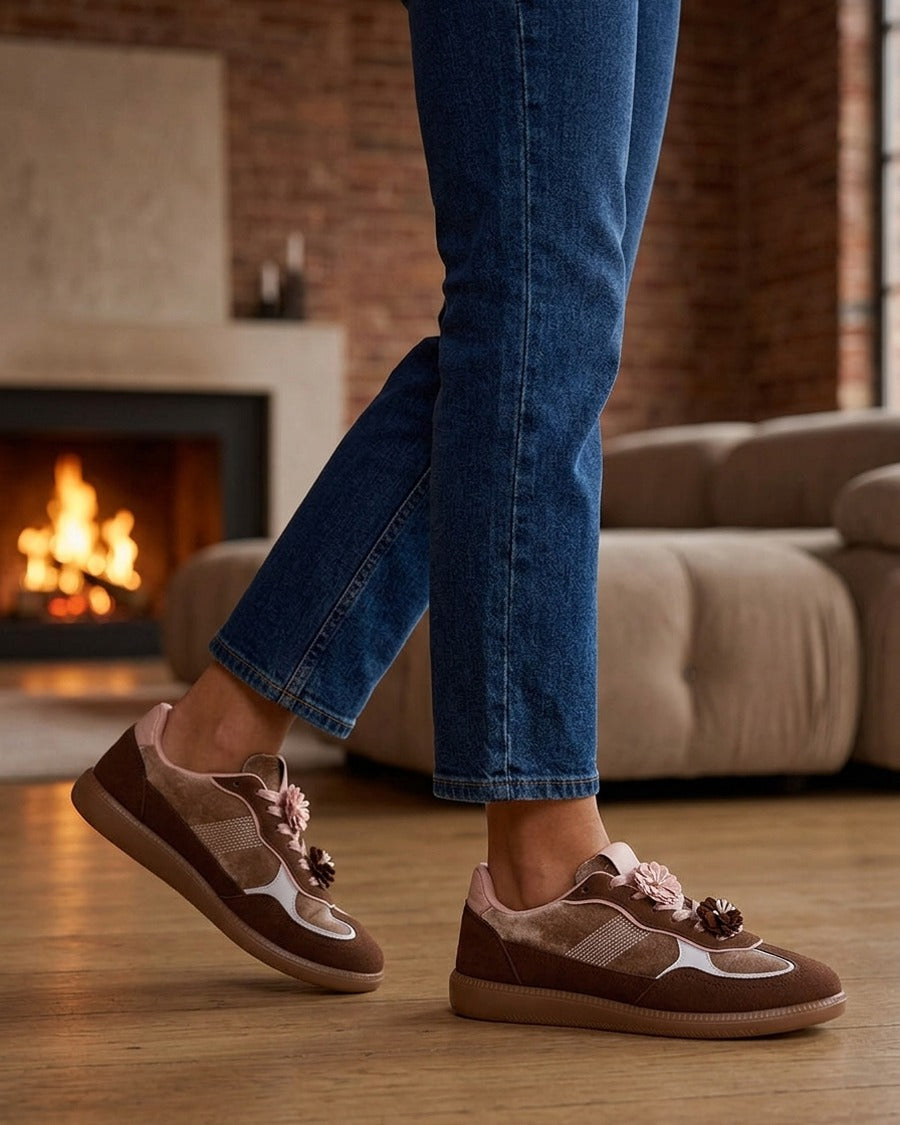 Sneakers à empiècement velours - Marron