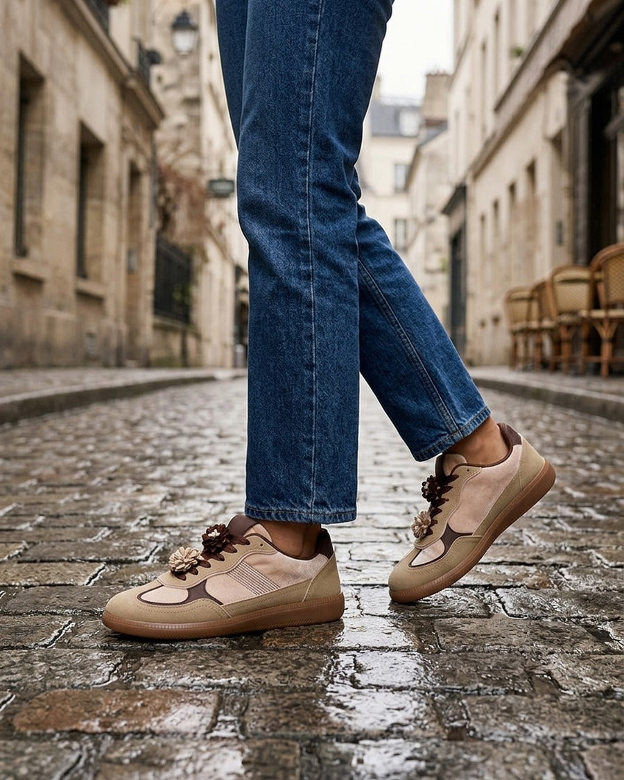 Sneakers à empiècement velours - Beige