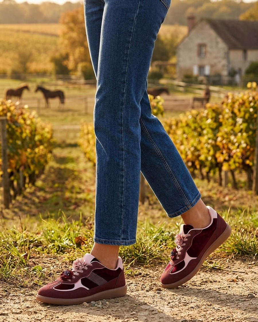 Sneakers à empiècement velours - Lie de vin
