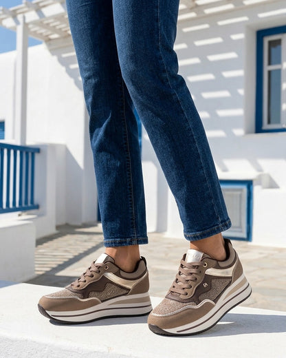 Baskets à plateforme en toile et simili - Taupe