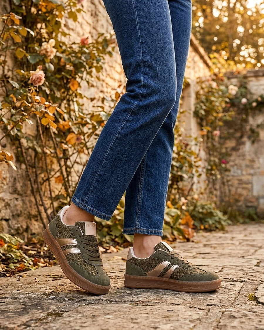 Sneakers à quartier effet tweed - Kaki