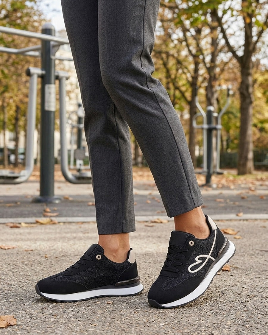 Baskets effet nubuck et dentelle pailletée - Noir