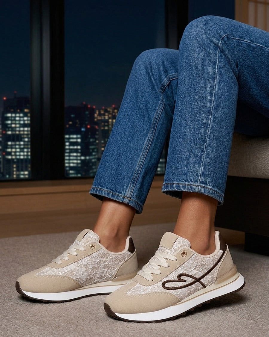 Baskets effet nubuck et dentelle pailletée - Beige