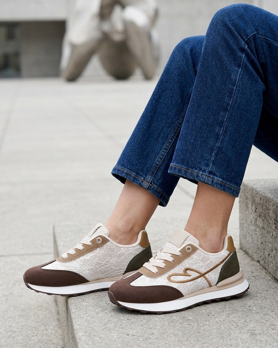 Baskets effet nubuck et dentelle pailletée - Beige/marron