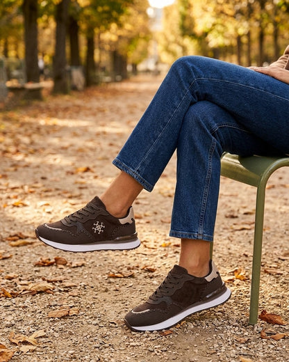 Sneakers à empiècement effet nubuck et suédine - Marron