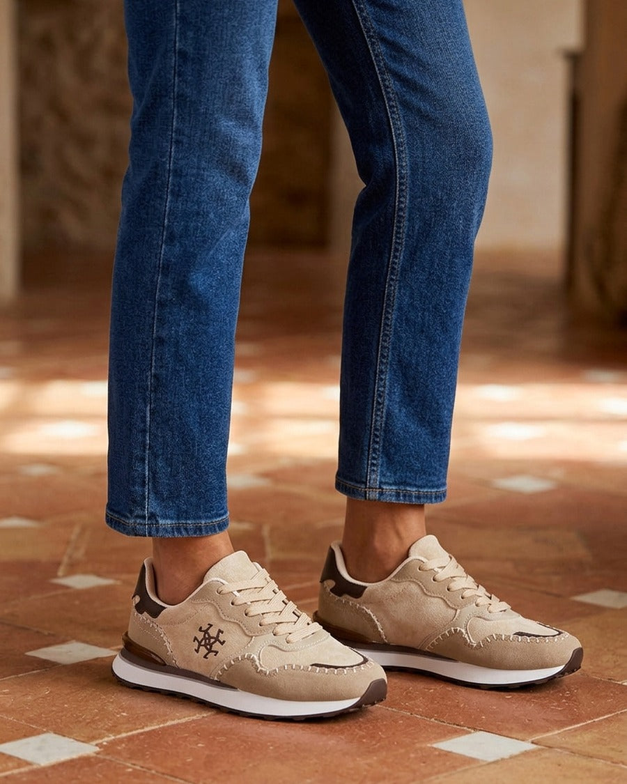 Sneakers à empiècement effet nubuck et suédine - Taupe
