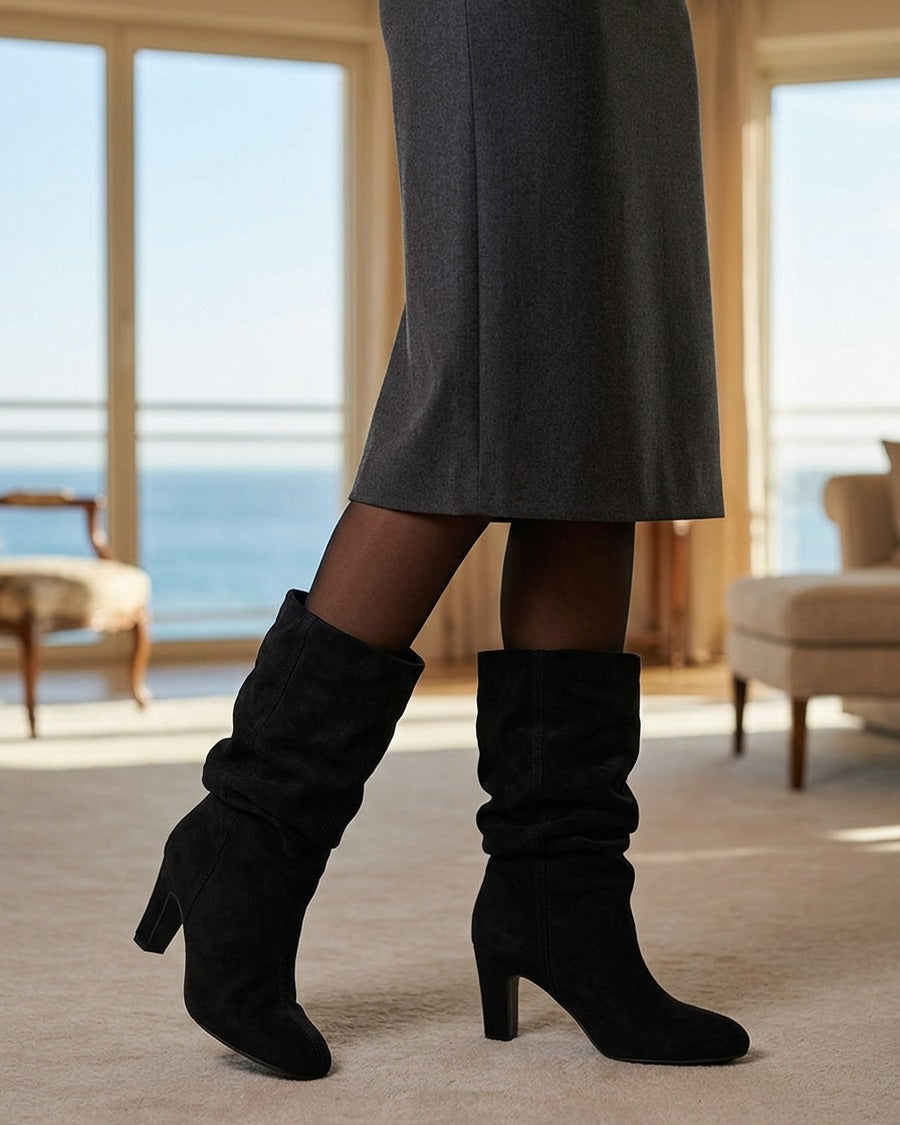 Bottes en suédine froncées à bouts ronds - Noir
