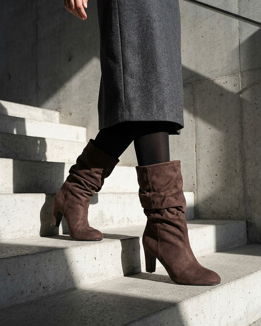 Bottes en suédine froncées à bouts ronds - Marron
