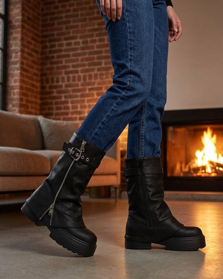 Bottines montantes à revers et zip décoratif - Noir