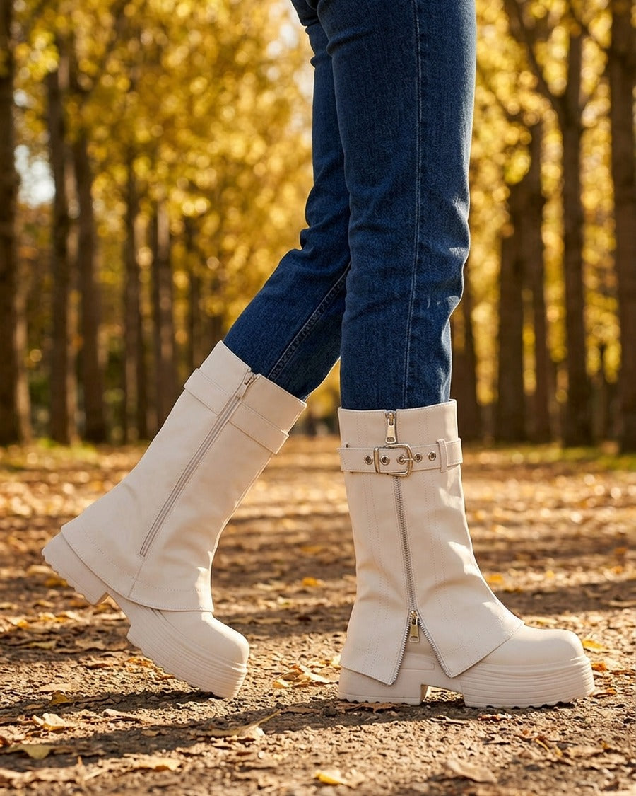 Bottines montantes à revers et zip décoratif - Beige