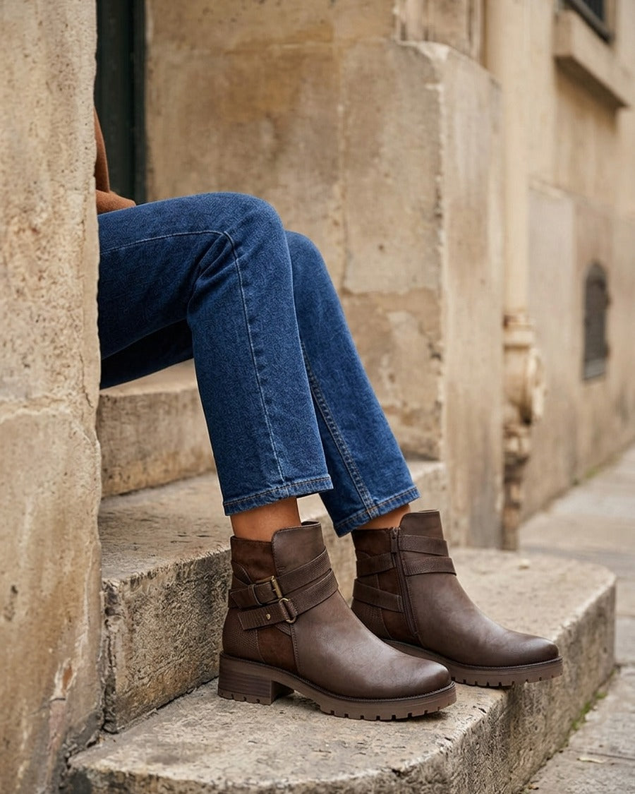 Bottines à sangles et contrefort python - Marron