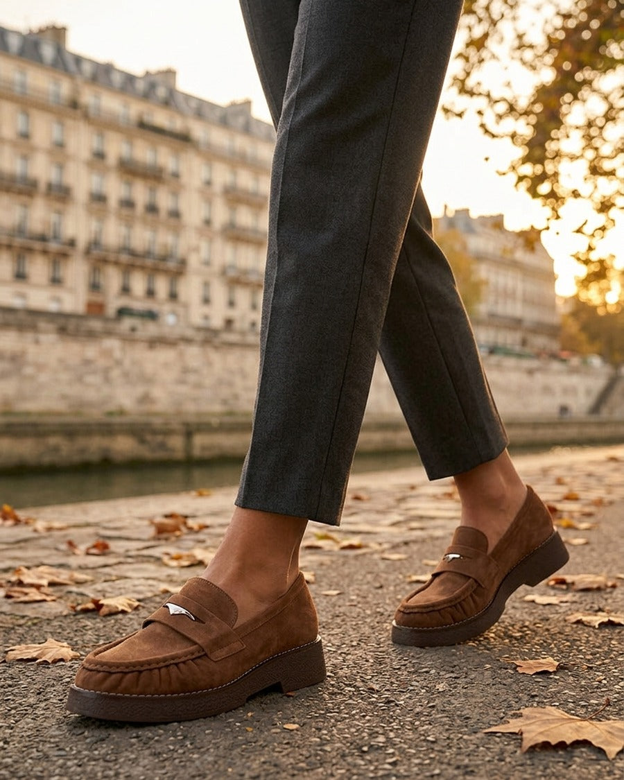 Mocassins suédine froncés à boucle métallique - Camel