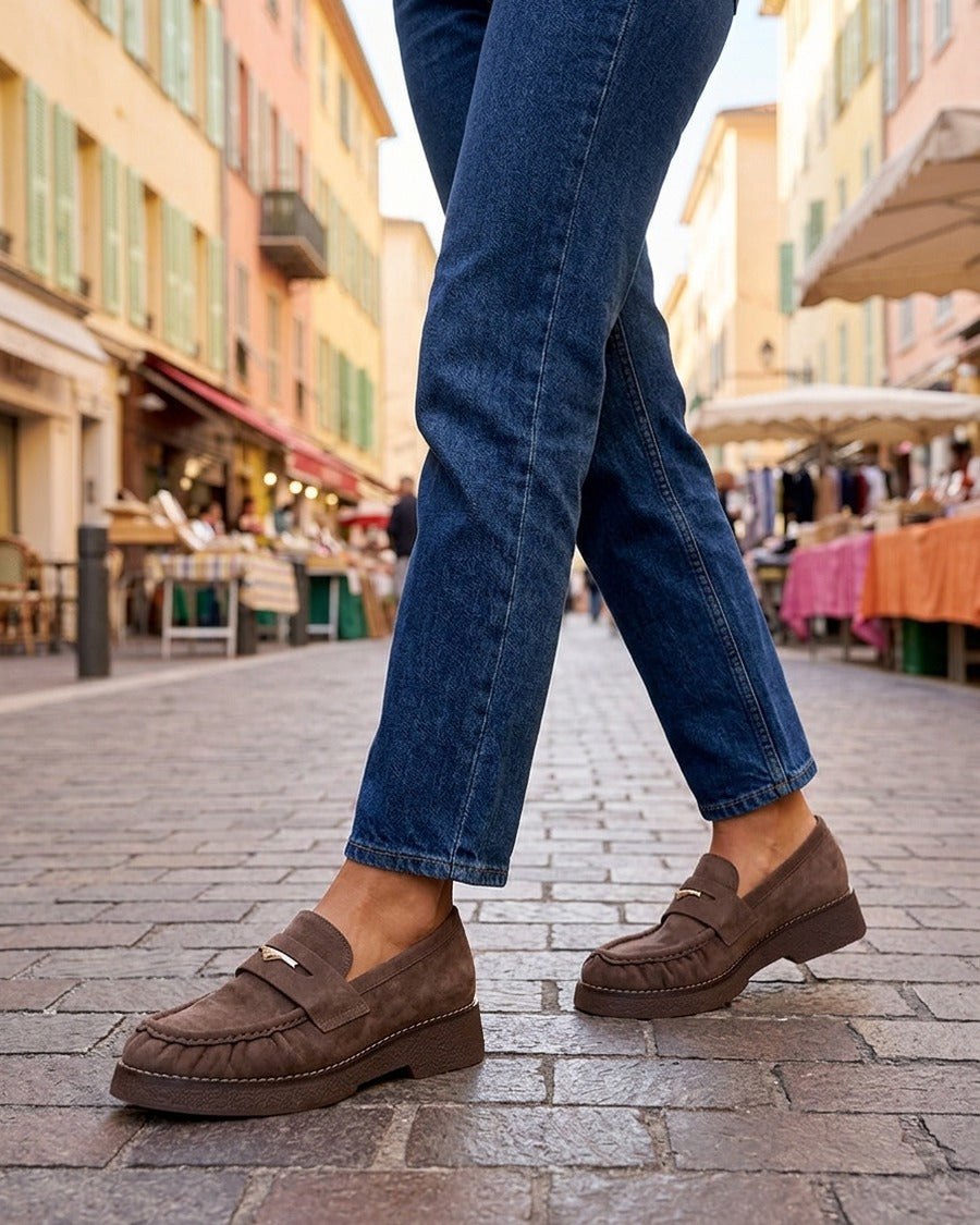 Mocassins suédine froncés à boucle métallique - Taupe foncé