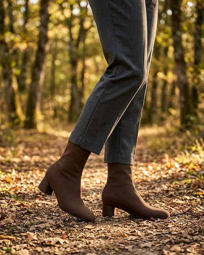 Bottines en tissu effet satiné style chaussette - Marron