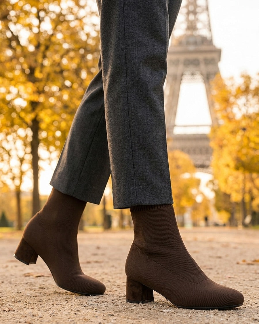 Bottines style chaussettes en tissu côtelé - Marron