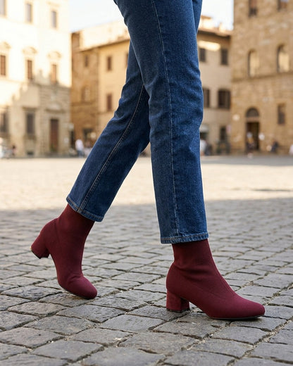 Bottines style chaussettes en tissu côtelé - Bordeaux