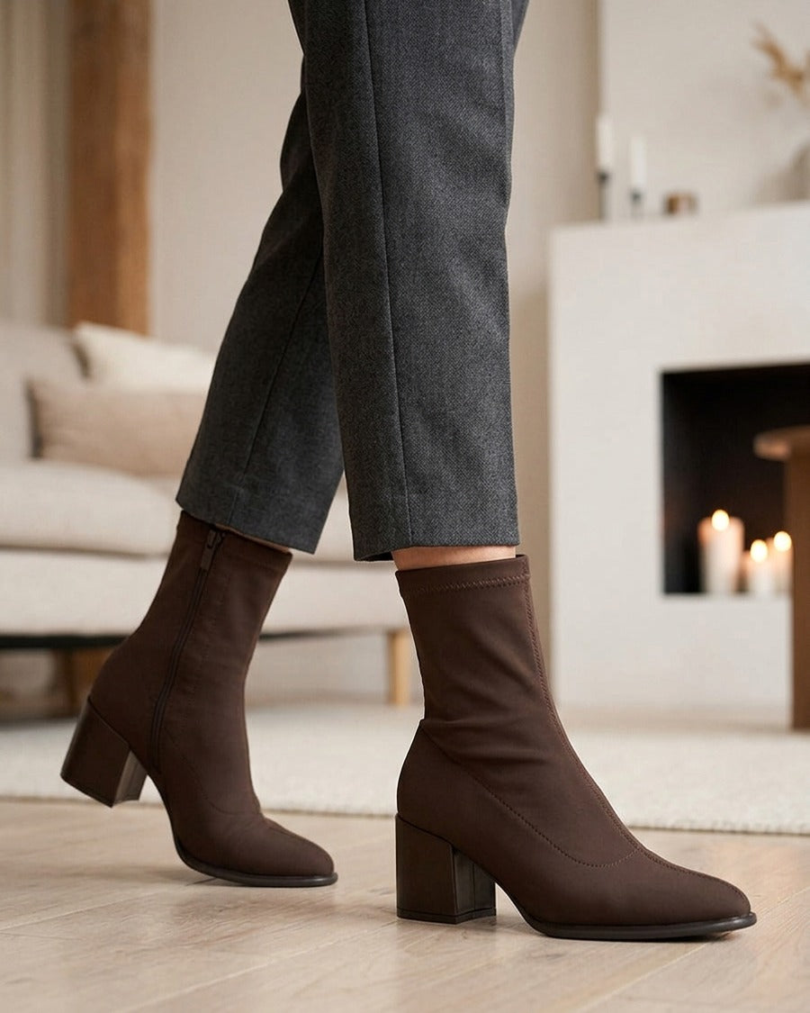 Bottines unies style chaussette à fermeture éclair - Marron