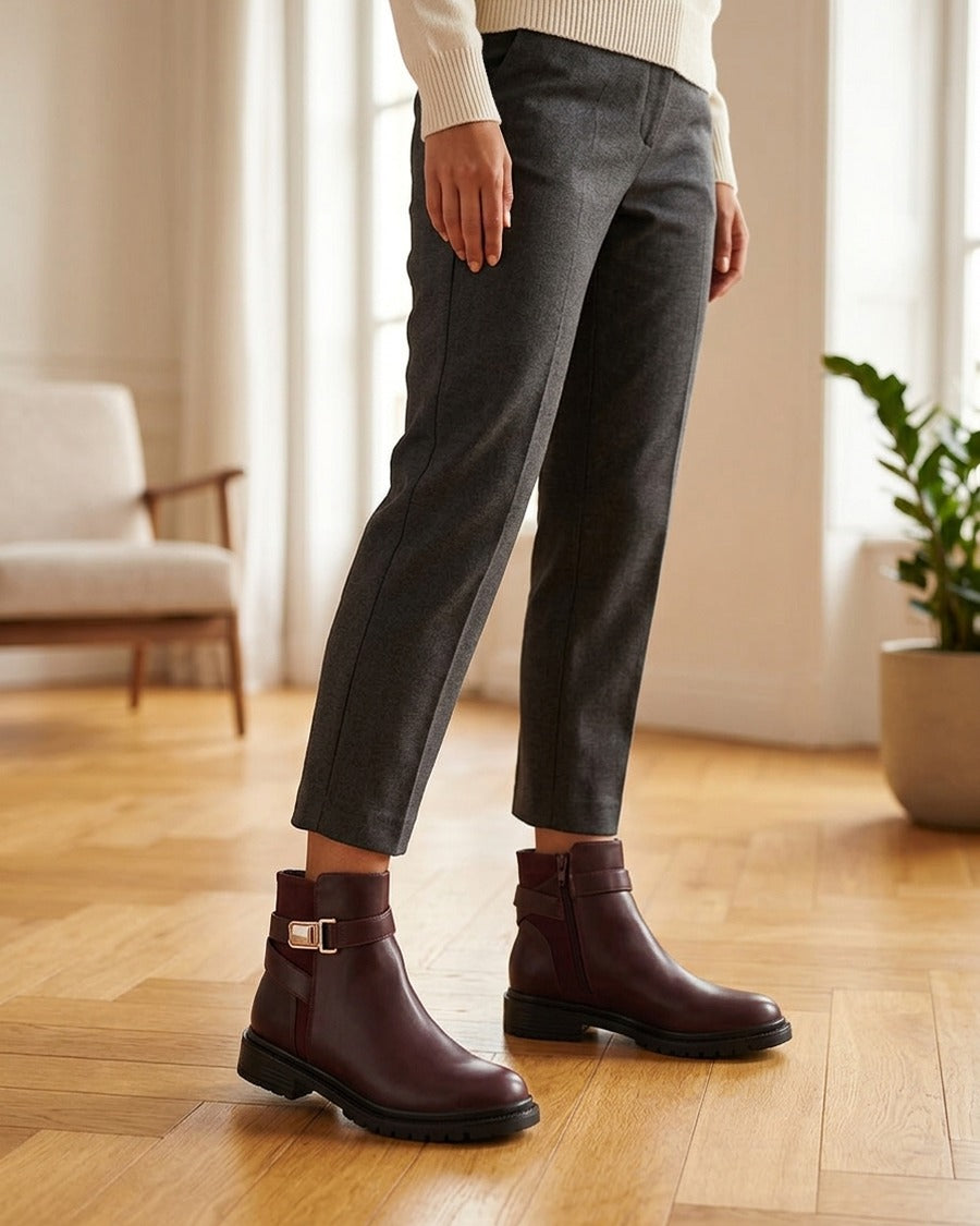 Bottines en simili à empiècement en suédine - Bordeaux