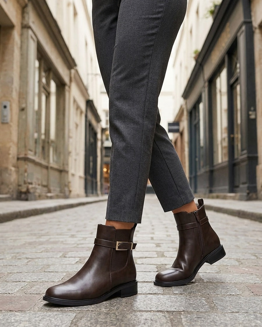 Bottines en simili à cheville élastiquée - Marron