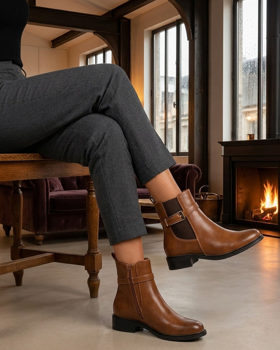 Bottines en simili à cheville élastiquée - Camel