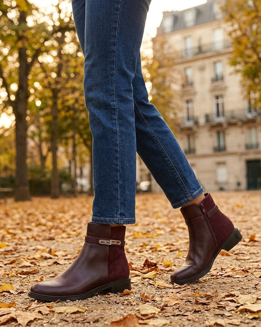 Bottines en simili à contrefort en suédine - Bordeaux