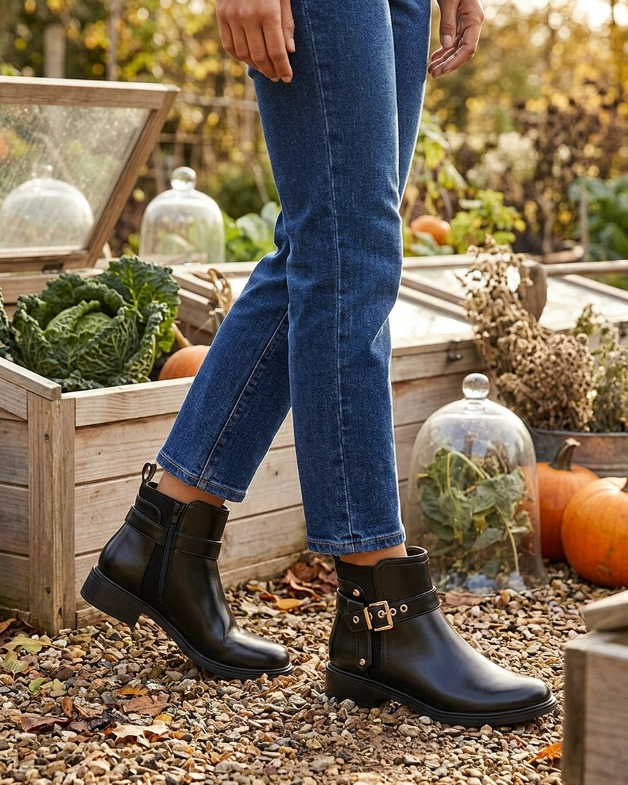 Bottines en simili avec sangle décorative - Noir