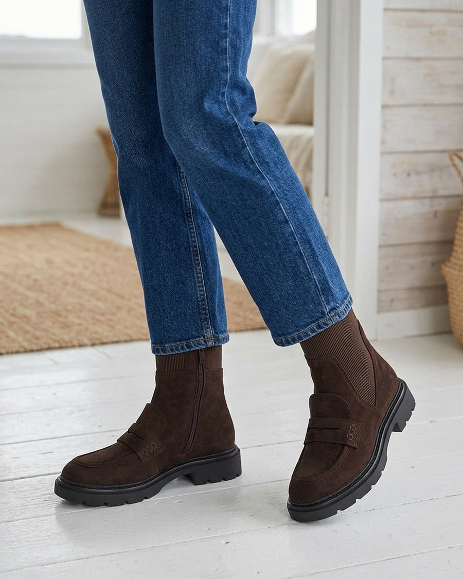Bottines en suédine style mocassin - Chocolat