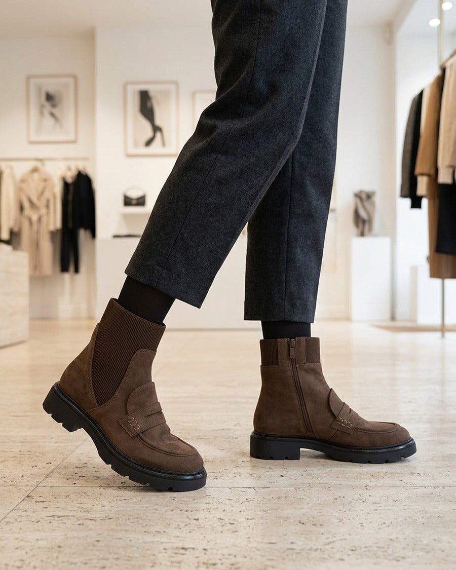 Bottines en suédine style mocassin - Marron